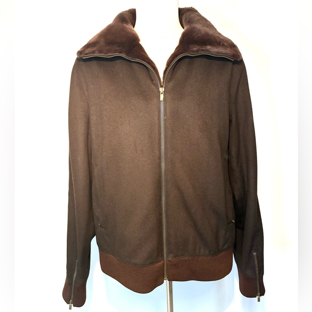 HUGO BOSS Vintage Men's Brown Jacket with Rabbit Faux Fur Collar. Size M